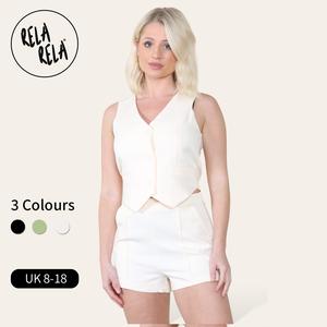 RELA RELA V Neck Button Up Waistcoat & Matching Shorts Co-Ord UK 6-18 Basic Casual Clothing Fashion Sleeveless Womenswear Cute Elegance Minimalist Outfit two Pieces Streetwear