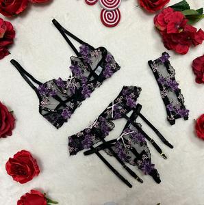 LILIOSA LINGERIE Jasmine - Comfortable Floral Embroidery Elegance Mesh Sheer Black & Purple 4 Piece Lace Lingerie Set (Adjustable Bra & Garter & Panties+Thigh Straps) Comfort Minimalist Feminine Womenswear, Pink Purple Satin Bow Accessory Day Eleg