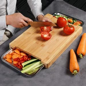 Premium Organic Bamboo Chopping Board with 2 Compartment Trays. Large Cutting Size 42cm x 30cm x 4cm. Two Slide-In Stainless Steel Storage Container Drawers. Best for Fruit, Vegetables, Cheese Kitchen