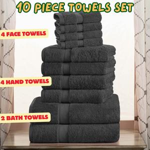 10 Piece Towels Set, 500 GSM Pure Egyptian Cotton Comes With 2 Bath Towels (60cm x 120cm) 4 Hand Towels (50cm x 60cm) & 4 Face Towels (30cm x 30cm) Daisy Lint Black