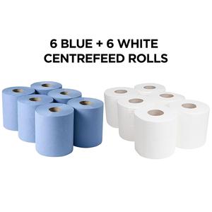 6 White Rolls + 6 Blue Rolls (12 Pack) 600Mt 2ply Centrefeed,Campaign, Paper Towel, Cleaning, Office, Home, Toilet Flushable Eco-friendly Disposable Sustainable Family Wipes Kitchen eco-friendly bathroom