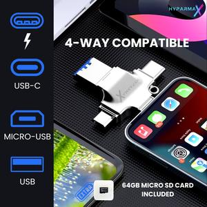 Hyparmax 4 in 1 Phone Mobile Adapter and 64GB Micro SD Card for Memory Storage - USB C,Micro USB, Lightning, Laptop and Desktop Compatible