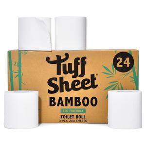 Tuff Sheet 24 Pack Bamboo Toilet Rolls 3-Ply Strength, Plastic-Free Toilet Paper, 200 Sheets, Recycled Packaging, Sustainably Sourced, Eco-Friendly & Biodegradable Bathroom Tissues Cardboard Loo Wipes