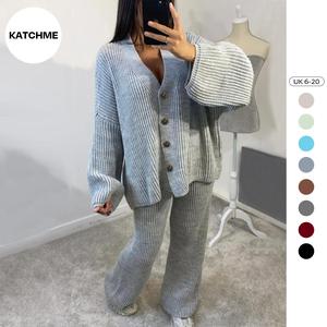 KatchMe Knit V Neck Commuter Cardigan & Wide Leg Pants Co-ord (One Size: 6-20UK), Plain Lady's Button Knitwear Set, Two-Piece Outfit Womenswear(Live)