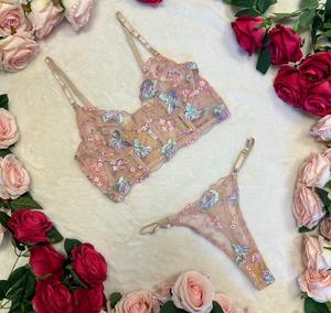 Liliosa Lingerie Maida - Satin Blue Floral Embroidered Pink Women's 2 Piece Lingerie Set Corset and Pants Underwear, Elegance Womenswear Soft Lightweight Lace, High Qaulity Mesh Sheer, Adjustable Spaghetti Straps, Comfortable Everyday Fit Pastel Thong