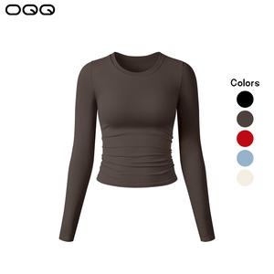 OQQ Women's  Shirts - Long Sleeve Crew Neck Ruched Basic Fitted Tee Shirts Tops for Women'swear