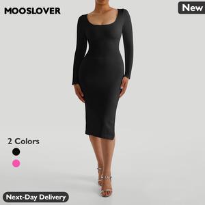 Mooslover UK Women's Sleek and Sexy Seamless Ribbed Knee-Length Bodycon Dress Casual Comfort Elegant Fabric Soft Womenswear
