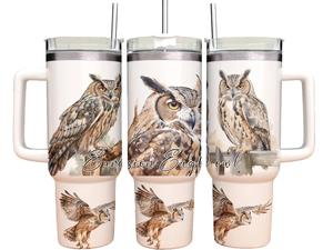 40oz Tumbler with straw - Eurasion Eagle owl -Personalised gift for him / her Vacuum flask drinking cup for hot and cold drinks
