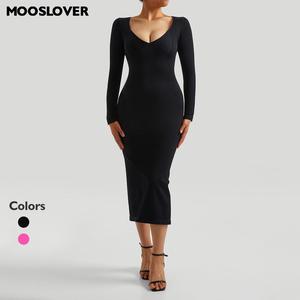Mooslover UK Women‘s Elegant Deep V Long Sleeve Ribbed Knit Long Dress Casual Womenswear Comfort Summer Chic