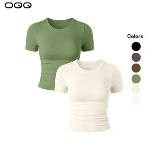 OQQ Womens 2 Piece Shirts Shortsleeve Crew Neck Ruched Stretch Fitted Tee Shirts Crop Tops Womenswear Summer Round Neck Lady Casual