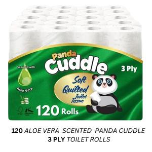 Panda Cuddle 3 Ply Toilet Rolls, Aloe Vera Scented, 150 Sheets, 120 Rolls, Wall-Mounted Tissue, White Lightweight Towel