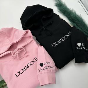 Embroidered Roman Numeral Matching Hoodie, Custom Initials With Heart Sleeve Jumper, Custom Anniversary Date Couple Hoodies, Boyfriend Gift Pullover, Matching Couple Hoodie, Anniversary Gift for couple sweatshirt womens  hoodies embroidery  business