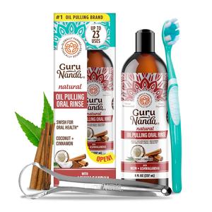 GURUNANDA COCONUT & CINNAMON OIL PULLING WITH NEEM & ASHWAGANDHA - 8 FL OZ (INCLUDES FREE TONGUE SCRAPER AND TOOTHBRUSH)