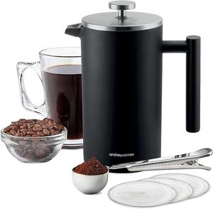andrew james Double Walled Cafetiere Gift Set With 3 Mesh Filters, Coffee Measuring Spoon And Bag Sealing Clip, Delicious French Press Coffee, Easy to Clean (1000ml, Black) Pots Tea