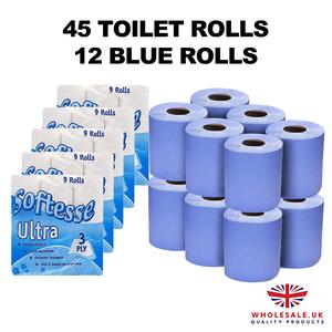 45 Toilet Rolls 3ply, 12 Blue Rolls, Luxury Quilted, Soft and Gentle, Flushable Eco-friendly Disposable Sustainable, Family Sheets Wipes soft bathroom Set unscented