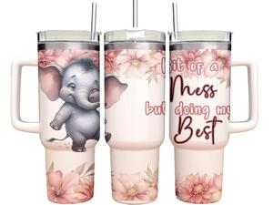 40oz Tumbler with Straw- Elephant- Bit of a mess but doing my best - Personalised gift for her / him vacuum flask drinking cup for hot and cold drinks