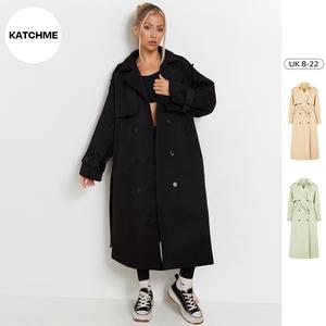 KatchMe Premium Clothing,Women's Oversized Commuter Waist Tie Double Breasted Trench Coat (UK 8-22),Outerwear Jacket,Plain Minimalist Side Pocket Lady's Outfits