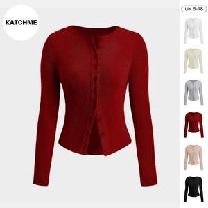 KatchMe Women's Versatile Solid Color Knit Button-Up Long Sleeve Slim Top,Lady Slim-Fitting Top for Daily Holiday Wear,Fall & Winter Crewneck Knitwear