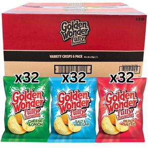 Golden Wonder Fully Flavoured Variety Crisps - Pack of 96 x 25g (16x6pk)  - Flavours: 32x Cheese & Onion, 32x Salt & Vinegar, 32x Ready Salted - Potato Crisps, Snacks