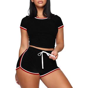 Women's solid color splicing short-sleeved casual two-piece set Womenswear Overalls Suits Underwear Lady Basic Shortsleeve Comfort Minimalist