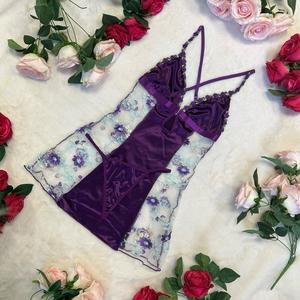 Liliosa Lingerie Chic Romantic High Quality Purple Flowers Satin 2 Piece Babydoll With Pants,  Elegant Light Womenswear Nightwear, Sexy Feminine Girl Gift, Comfortable Soft Elegance Matching Overall, Sexy Nightwear, Floral Embroidered Homewear Dress Lace