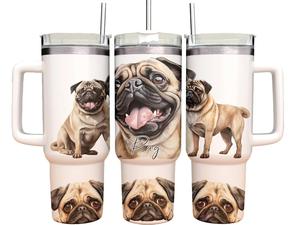 40oz Tumbler with straw- Pug dog - Personalised gift fr her / him vacuum flask for hot and cold drinks