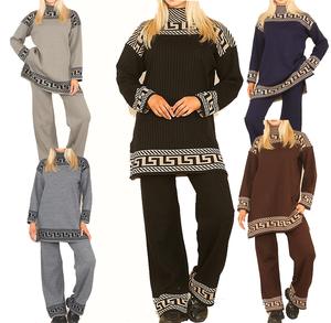 Fashion Luva High Neck Ribbed Knitted Geometric Print 2pc Suit Women Casual Loungewear Knitted Co ord 2 Piece Set Comfortable Breathable Womenswear Outfit